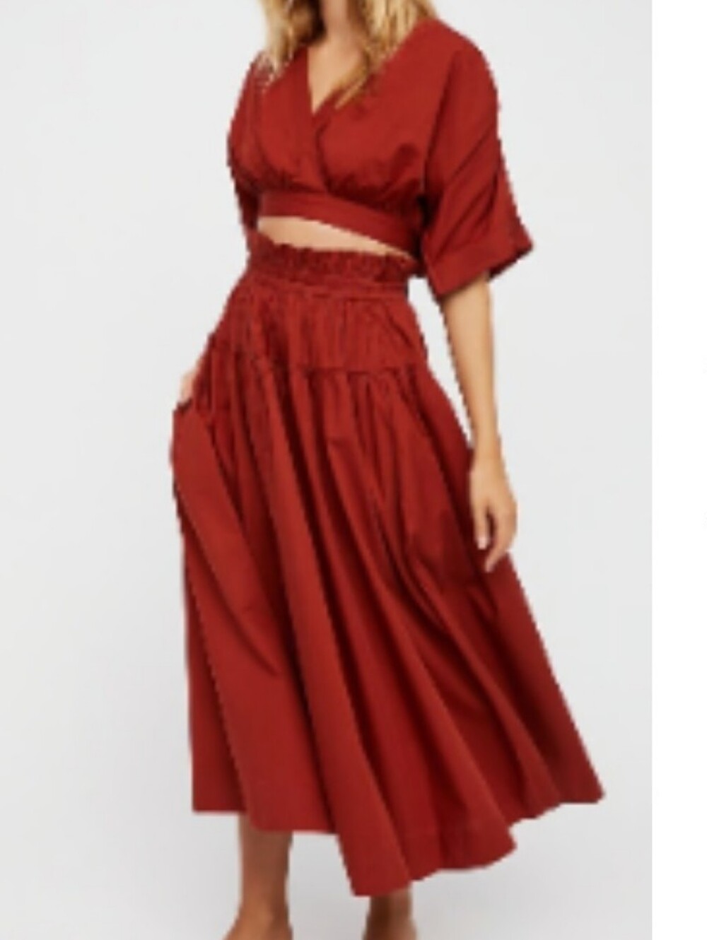 Free People Rust Red Puff Sleeve Maxi Skirt And Crop Top